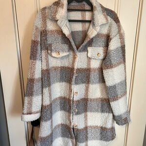 Plaid Sherpa Jacket - Cream, Brown, Gray